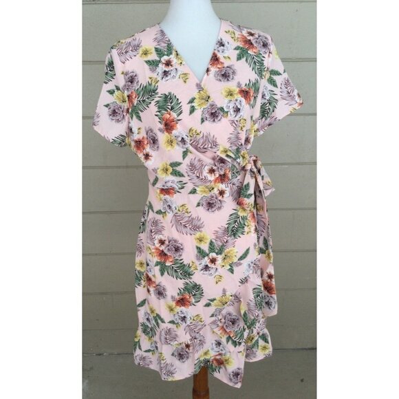 Kate Summer Floral Mini Dress Wrap V-Neck Size M/L Pastel Print Ruffle Hem - Picture 1 of 9